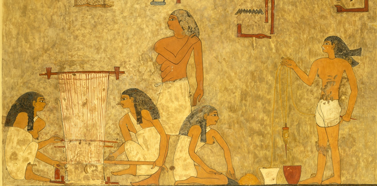Weavers, Tomb of Khnumhotep. Painting by Norman de Garis Davies depicting part of a scene in the tomb of Khnumhotep (tomb 3) at Beni Hasan. CC0 1.0 Metropolitan Museum of Art.